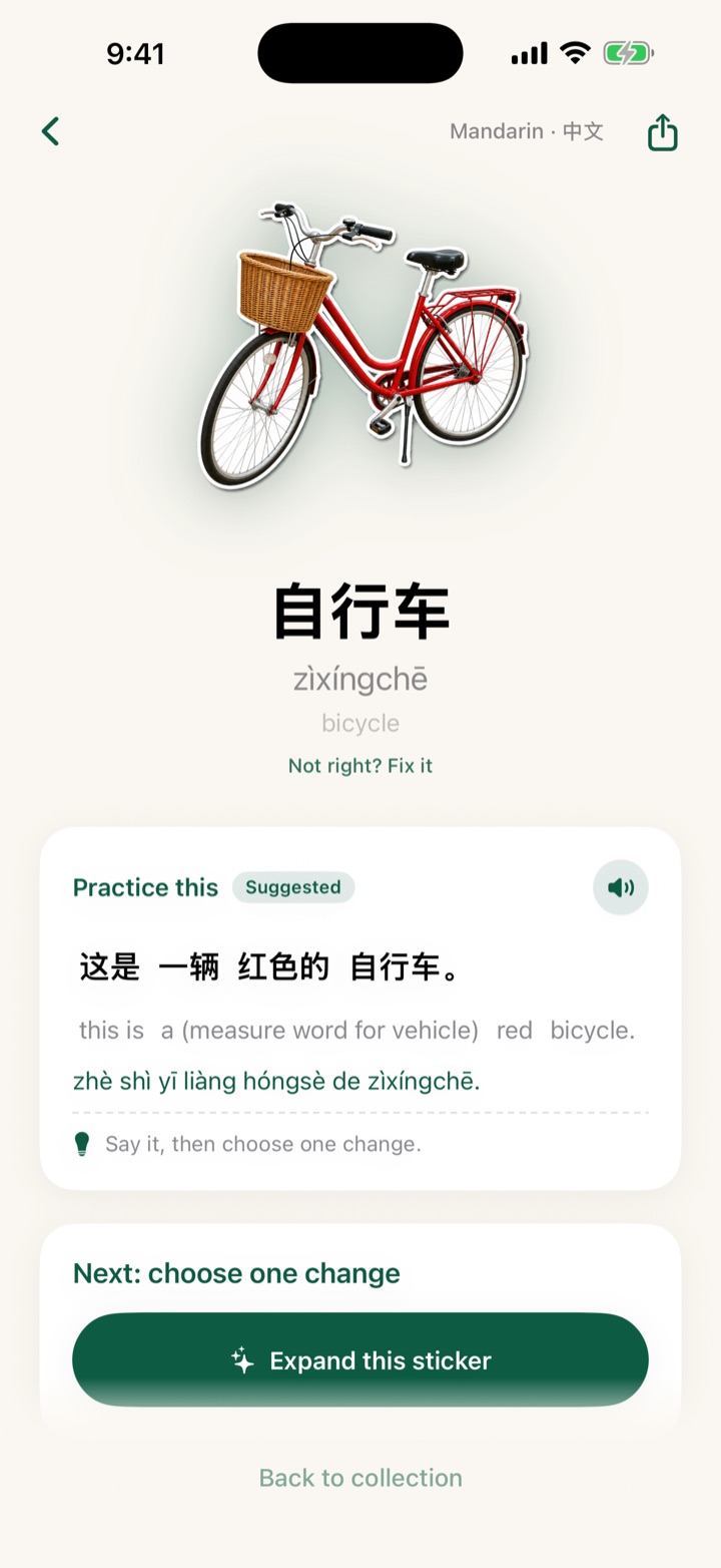 A word lesson for a caught bicycle: the word, its pronunciation, and a practice phrase with audio.