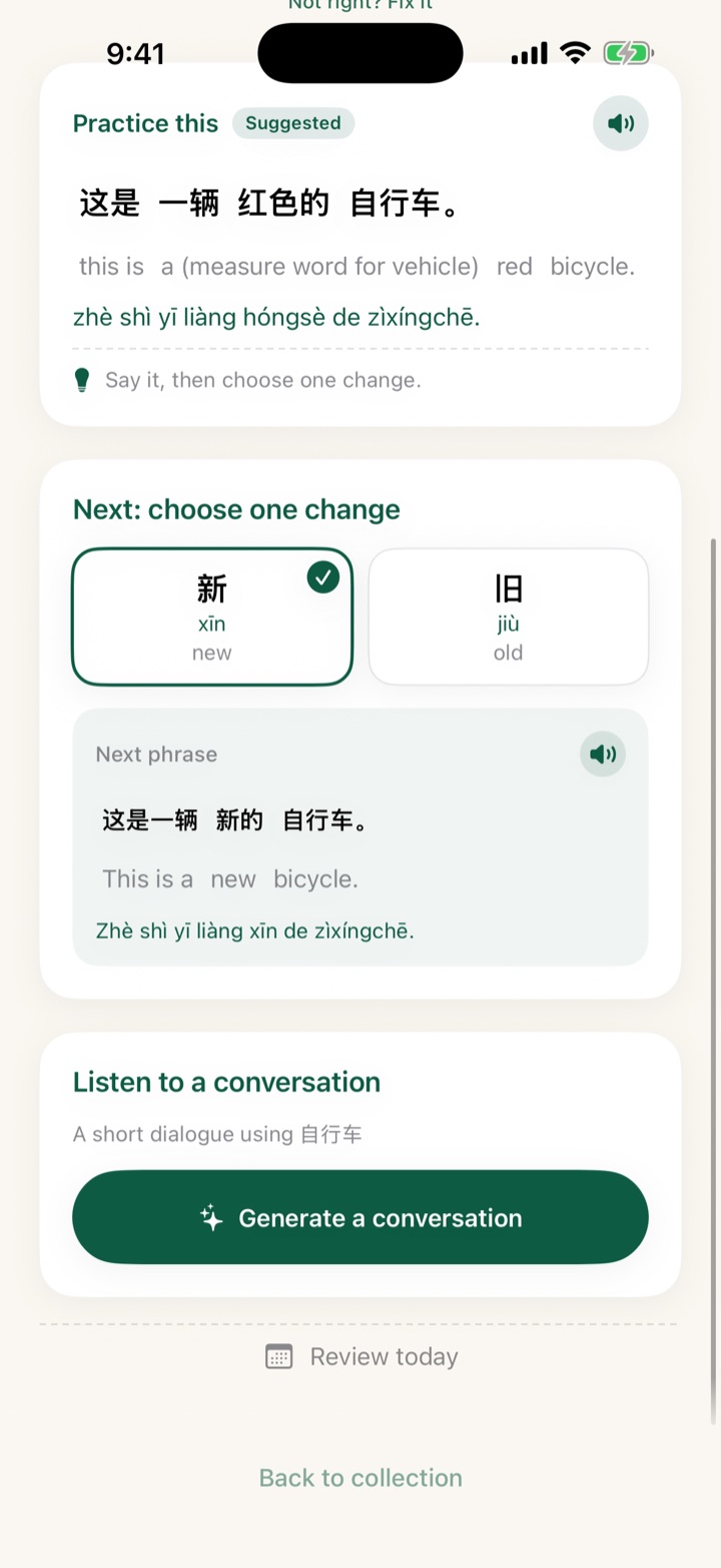 The go-deeper hub: tap-through phrase practice, choose-one-change variants, a conversation, and review.